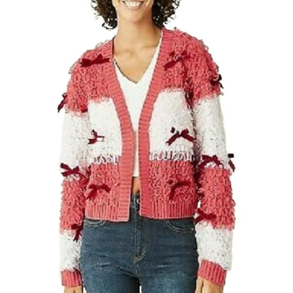 EUC Mighty Fine Size Medium Orange & White Open Ribbon Cardigan!